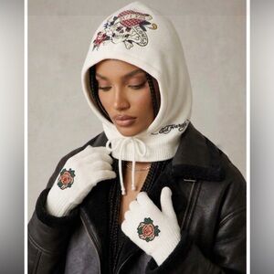 Ed Hardy Balaclava Knit Hoodie + Mitts New White